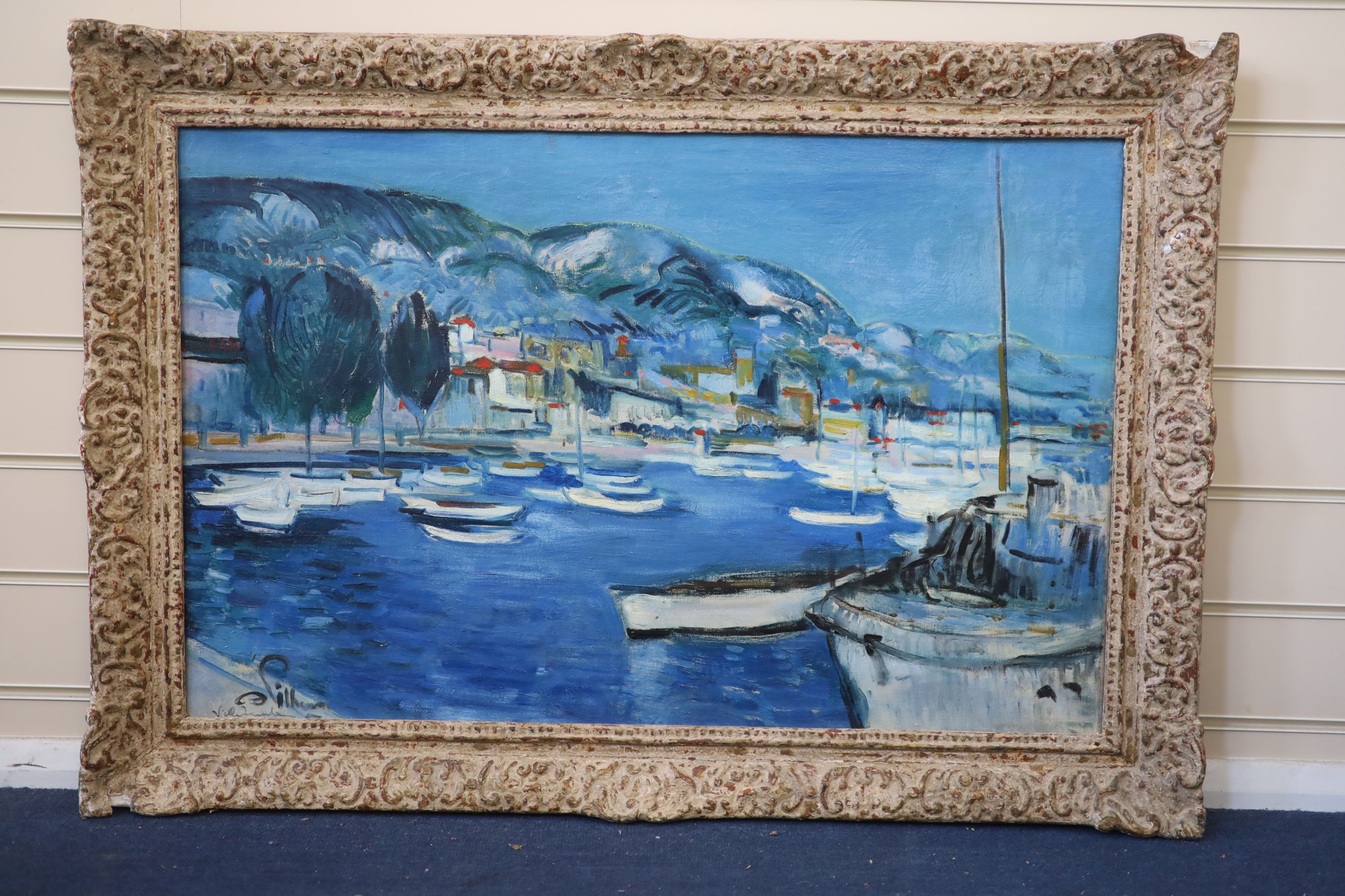 E Pilleau, The Harbour, Villefranche, Oil on canvas, 50 x 76cm.
